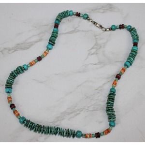 Navajo Heishe Graduated Turquoise, Orange Oyster and Sterling Silver Necklace 9"